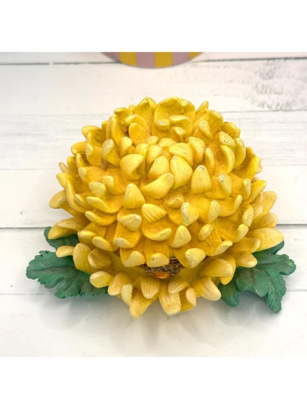 Yellow Chrysanthemum Trinket Box With Hinged Lid & Gold Accents
